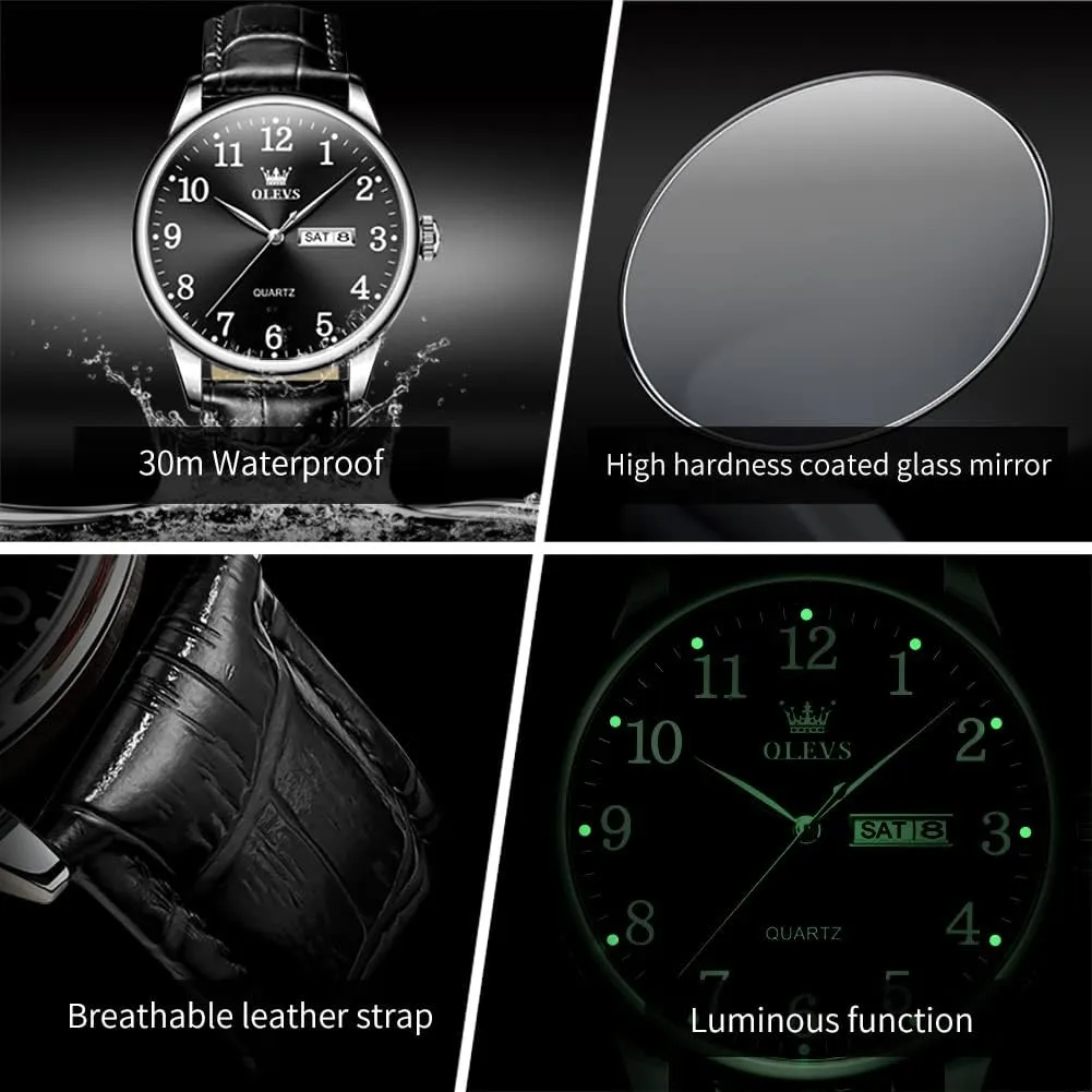 Blue/Black/White Large Face Men's Wrist Watches OLEVS safely physiological pale target sterile Mens Watches with Leather Band Dress Vintage Classic Easy Reader Arabic Numerals Analog Quartz Waterproof Date and Day 