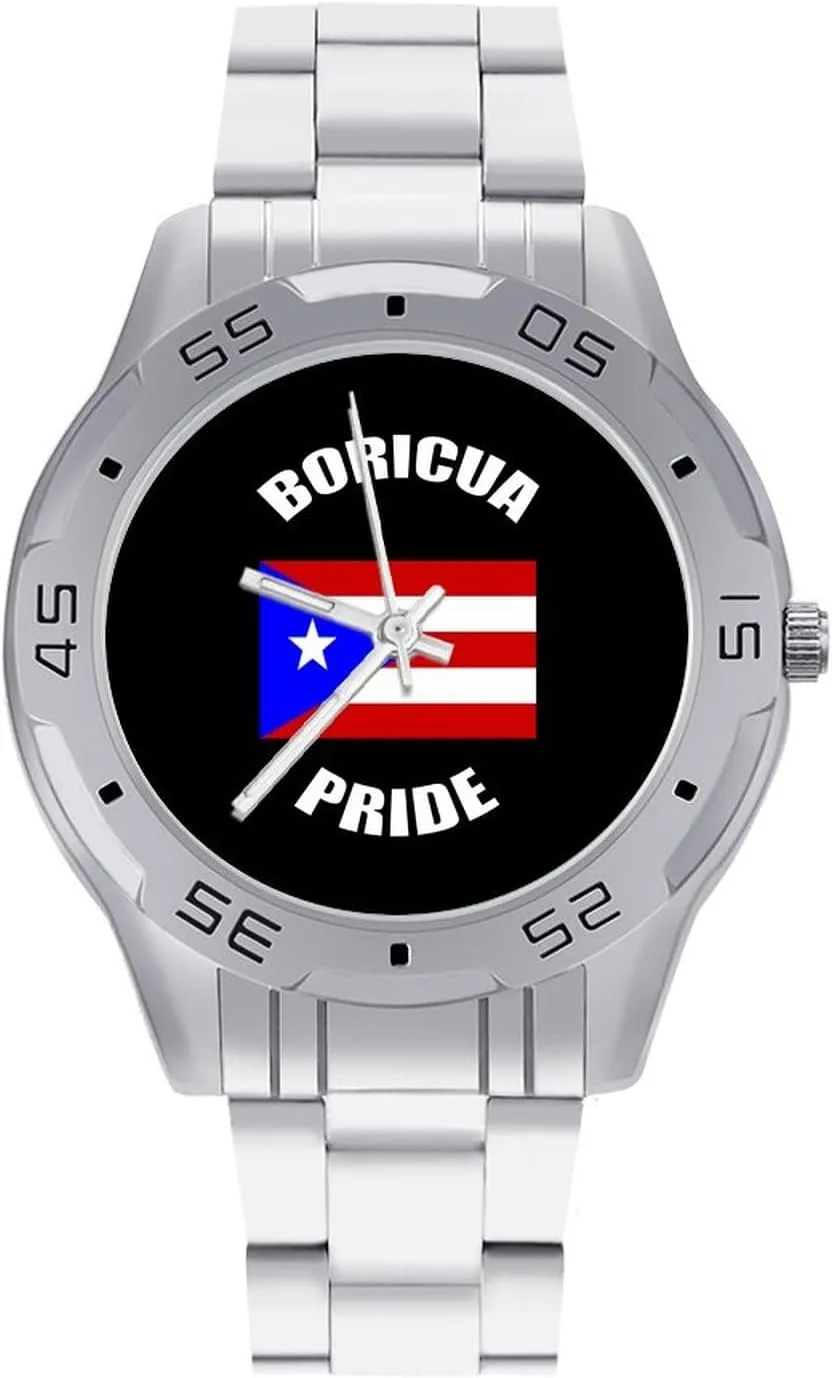 Boricua Pride Puerto Rican PR Flag spirit digestive Stainless Steel Band Business Watch Dress Wrist Unique Luxury Work Casual Waterproof Watches Vintage 