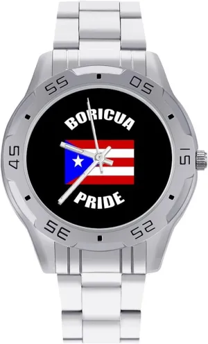 Boricua Pride Puerto Rican PR Flag spirit digestive Stainless Steel Band Business Watch Dress Wrist Unique Luxury Work Casual Waterproof Watches Vintage 