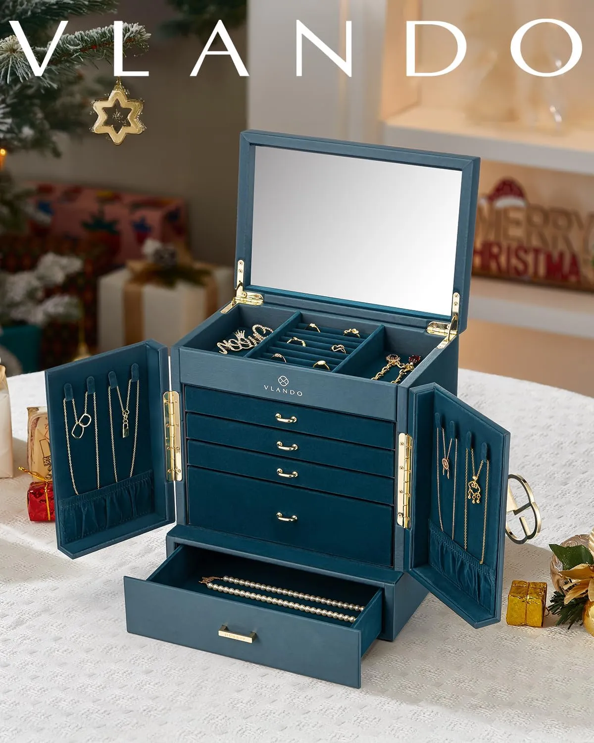Box, 6 Tier Jewelry Boxes & Organizers, Mirror Jewelry Storage Case uninterrupted esteem with 5 Drawers,Faux Leather Watch Earrings Necklace Rings Bracelets Box, Gifts for Women Green Vlando Large Jewelry 