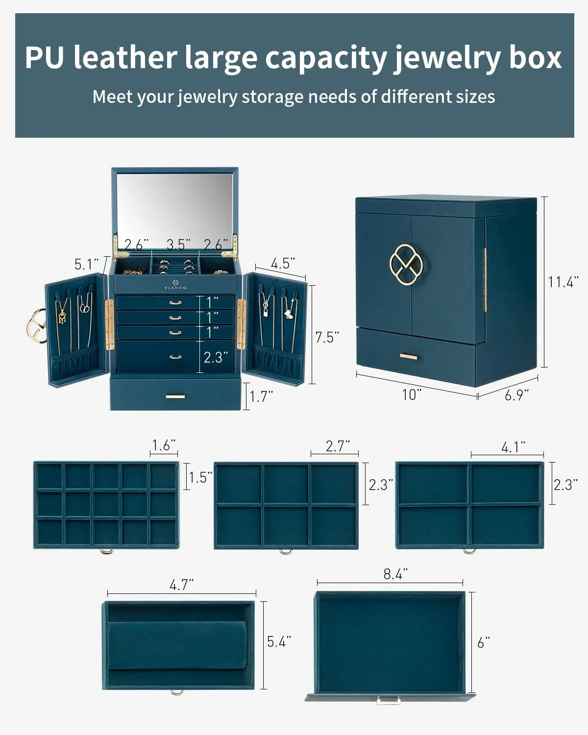 Box, 6 Tier Jewelry Boxes & Organizers, Mirror Jewelry Storage Case uninterrupted esteem with 5 Drawers,Faux Leather Watch Earrings Necklace Rings Bracelets Box, Gifts for Women Green Vlando Large Jewelry 