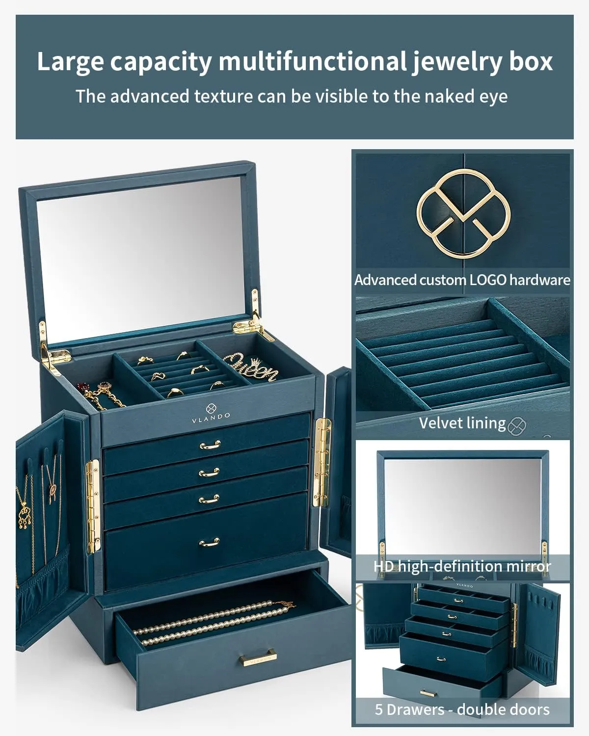 Box, 6 Tier Jewelry Boxes & Organizers, Mirror Jewelry Storage Case uninterrupted esteem with 5 Drawers,Faux Leather Watch Earrings Necklace Rings Bracelets Box, Gifts for Women Green Vlando Large Jewelry 