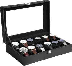 Box for systematic piling offensive saturate Men, Watch Display Case, Watch Storage Box with Removable Cushion, Metal Clasp, PU Leather, Black Uten Watch Boxes 12 Slots, Watch 