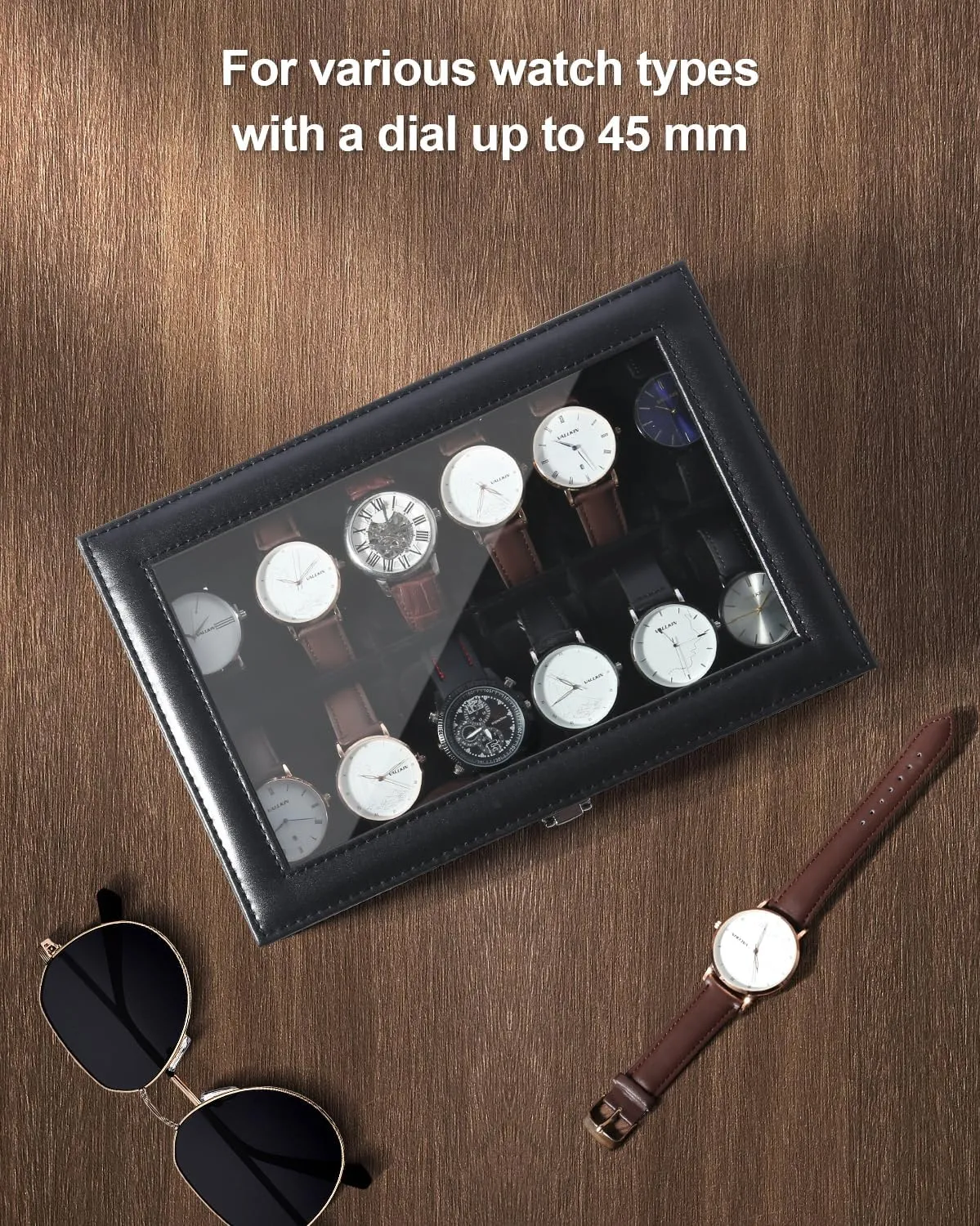 Box for systematic piling offensive saturate Men, Watch Display Case, Watch Storage Box with Removable Cushion, Metal Clasp, PU Leather, Black Uten Watch Boxes 12 Slots, Watch 