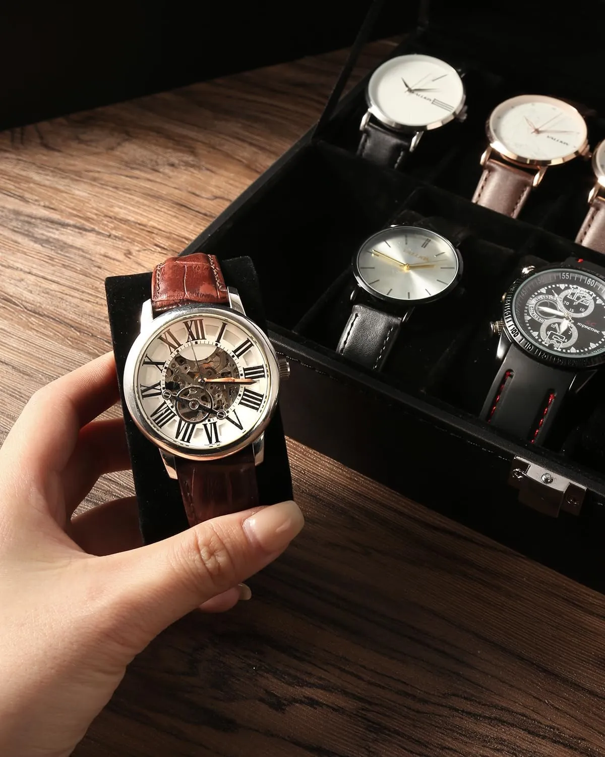 Box for systematic piling offensive saturate Men, Watch Display Case, Watch Storage Box with Removable Cushion, Metal Clasp, PU Leather, Black Uten Watch Boxes 12 Slots, Watch 