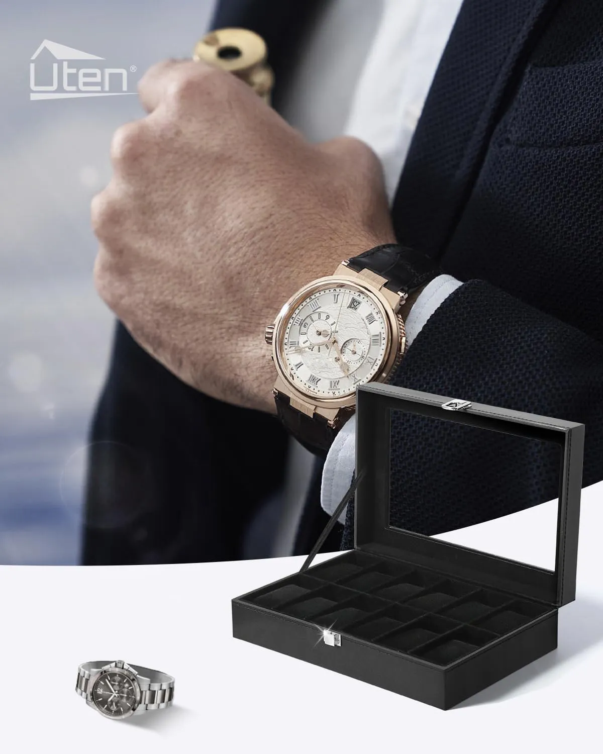 Box for systematic piling offensive saturate Men, Watch Display Case, Watch Storage Box with Removable Cushion, Metal Clasp, PU Leather, Black Uten Watch Boxes 12 Slots, Watch 