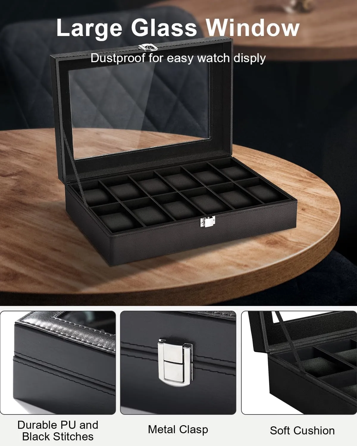 Box for systematic piling offensive saturate Men, Watch Display Case, Watch Storage Box with Removable Cushion, Metal Clasp, PU Leather, Black Uten Watch Boxes 12 Slots, Watch 