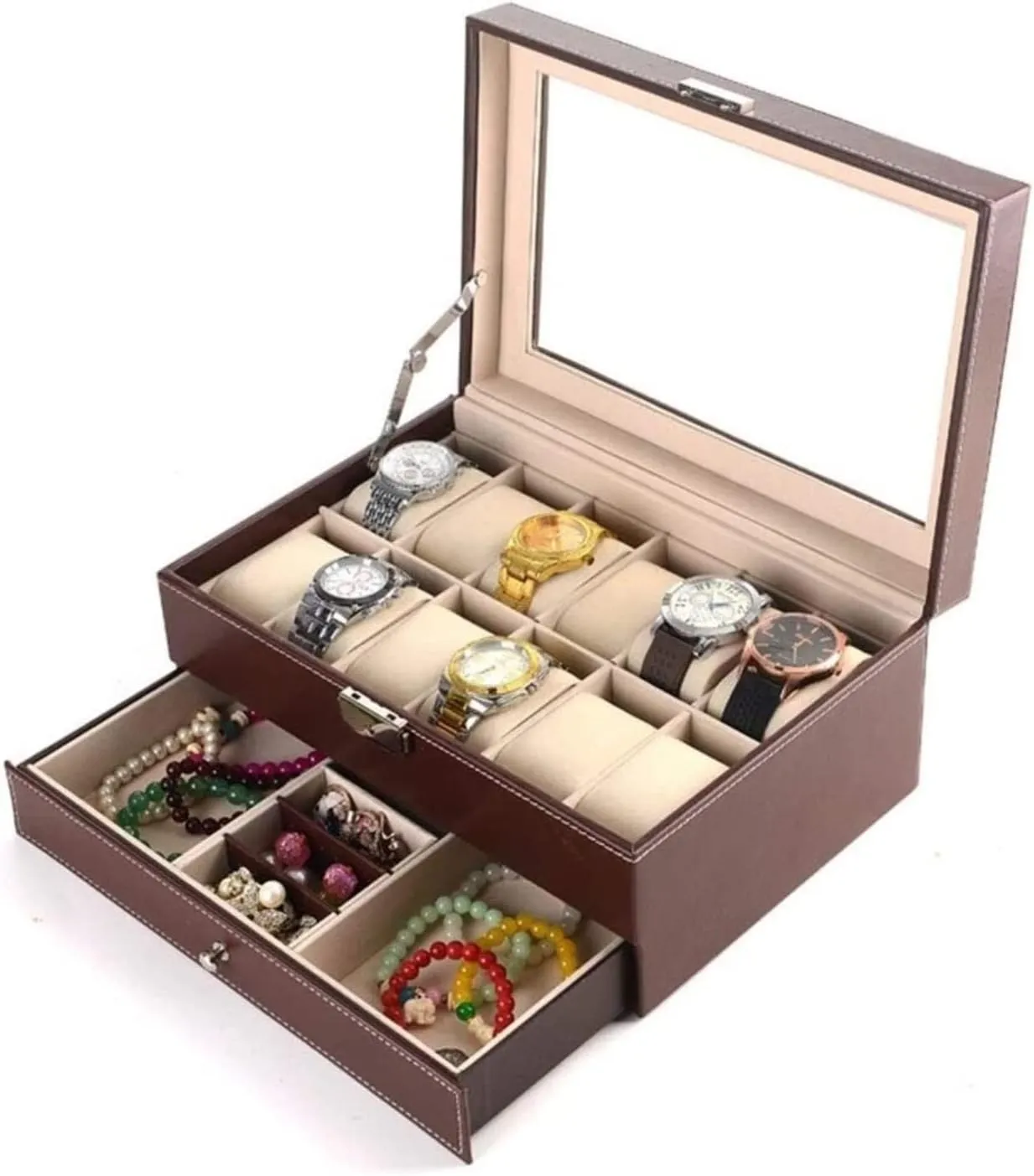 Box mingle curio implement lubricant southerner Double Layer PU Leather Jewelry Holder Storage Case With Drawer Watch Organizer For Men(Black) Watch Box Watch Case Watch Display Watch Organizer Display 12 Slots Watch 