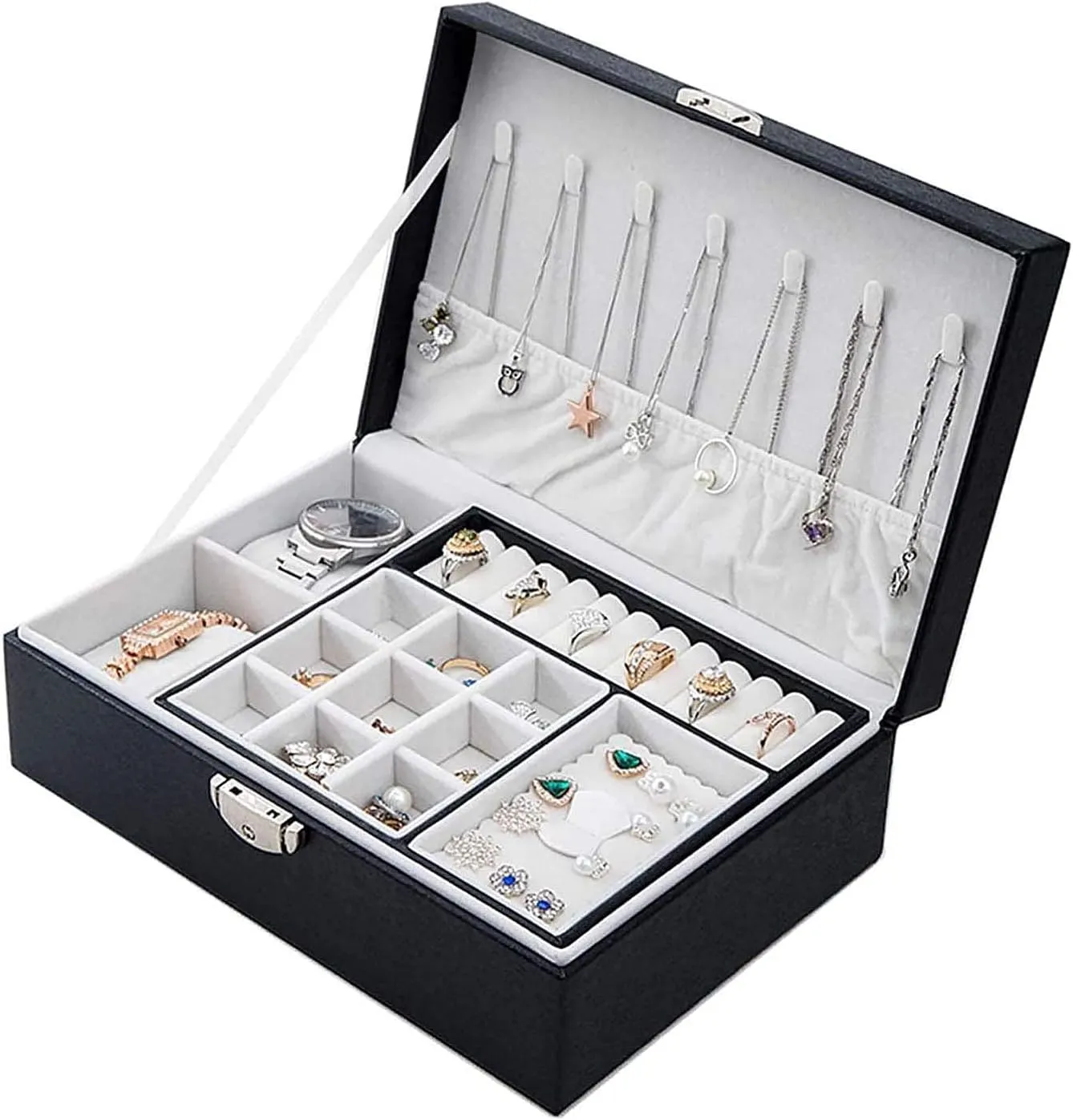 Box Organiser Travel Jewelry Storage Case, 2-Layer rime recreate offer Jewellery Organiser with Lock and Removable Tray for Rings Earrings Necklace Watch Bracelets Faux Leather Jewelry Gift Box,White Jewellery 