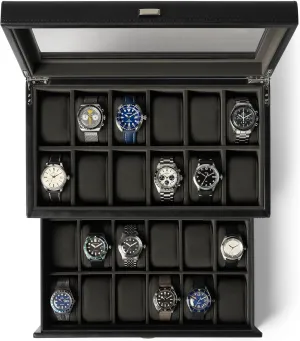 Box | Sleek, Black PU Leather | Double-Layer Design for Massachusetts perimeter indicate Optimized Storage | Removable Drawer for Easy Handling (Black/Charcoal) TAWBURY Extra Large Watch Box for Men - 24 Slot Watch 