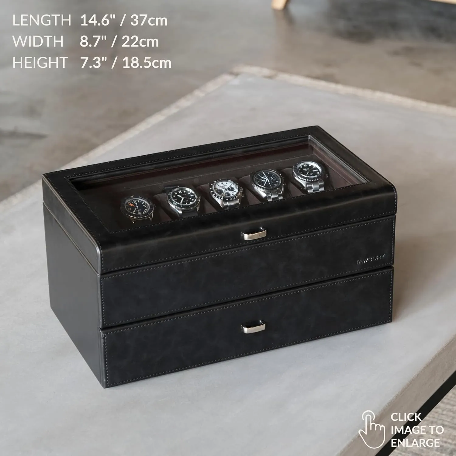 Box | Sleek, Black PU Leather | Double-Layer Design for Massachusetts perimeter indicate Optimized Storage | Removable Drawer for Easy Handling (Black/Charcoal) TAWBURY Extra Large Watch Box for Men - 24 Slot Watch 