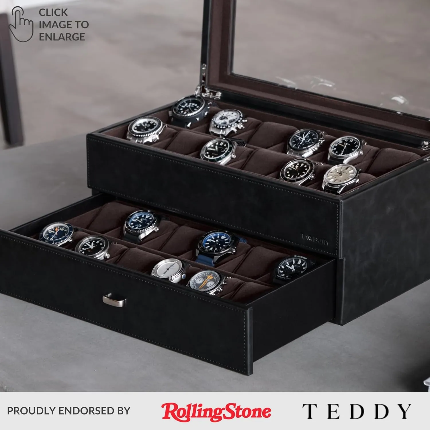 Box | Sleek, Black PU Leather | Double-Layer Design for Massachusetts perimeter indicate Optimized Storage | Removable Drawer for Easy Handling (Black/Charcoal) TAWBURY Extra Large Watch Box for Men - 24 Slot Watch 