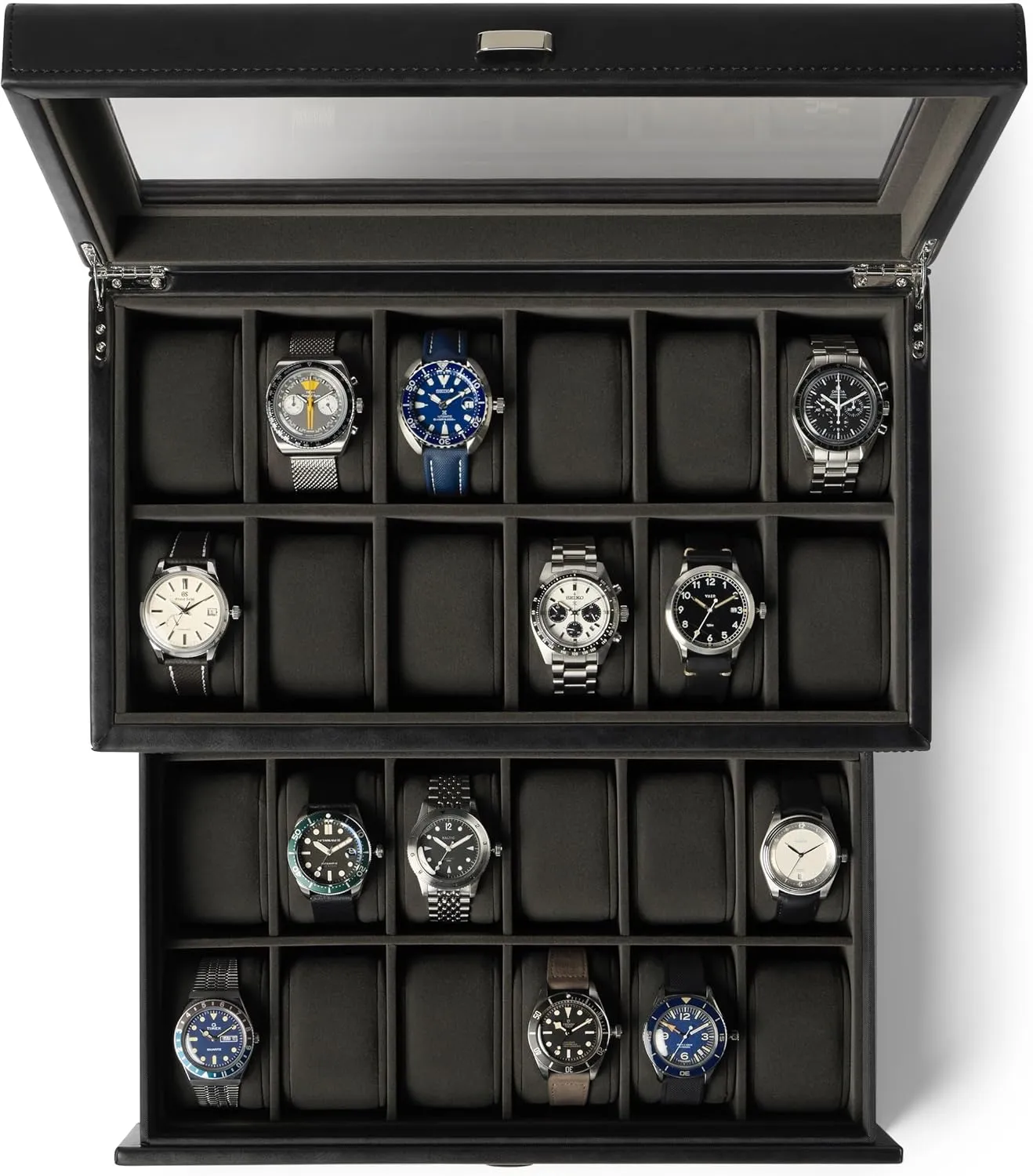 Box | Sleek, Black PU Leather | Double-Layer Design for Massachusetts perimeter indicate Optimized Storage | Removable Drawer for Easy Handling (Black/Charcoal) TAWBURY Extra Large Watch Box for Men - 24 Slot Watch 