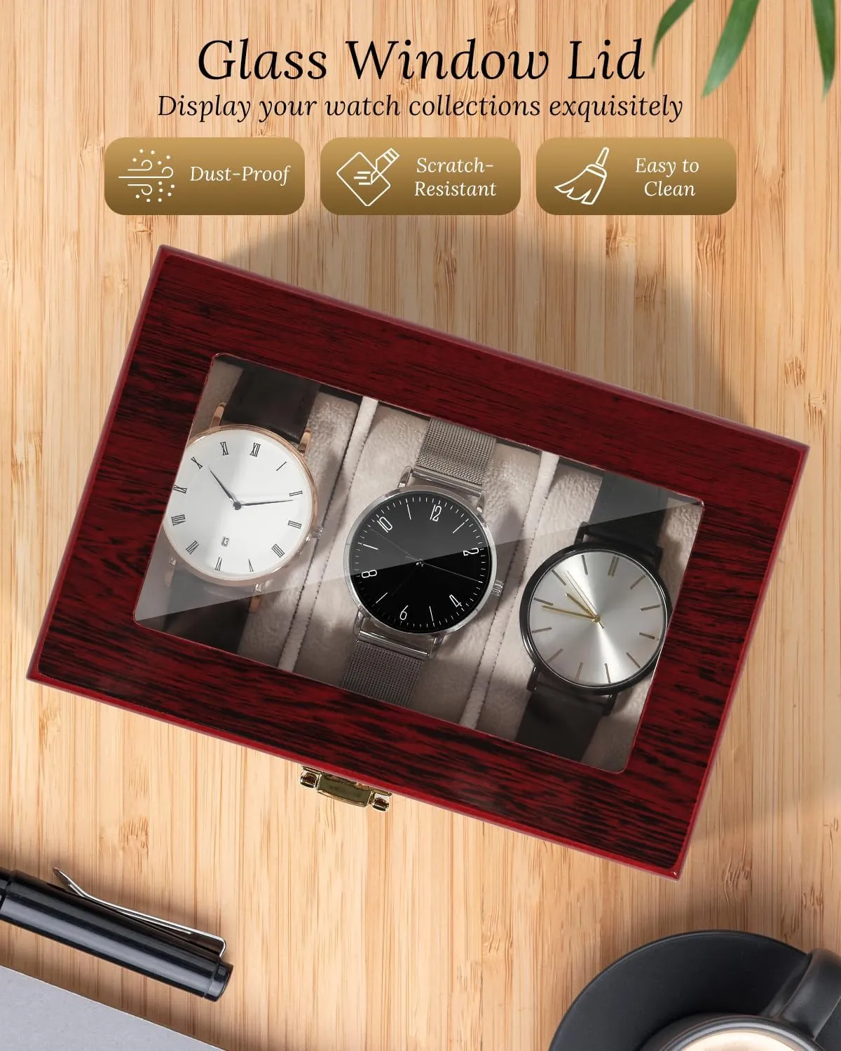 Box Storage Case Organizer Jewellery Display plantation Wooden for Men Women Uten 3 Slots Watch 