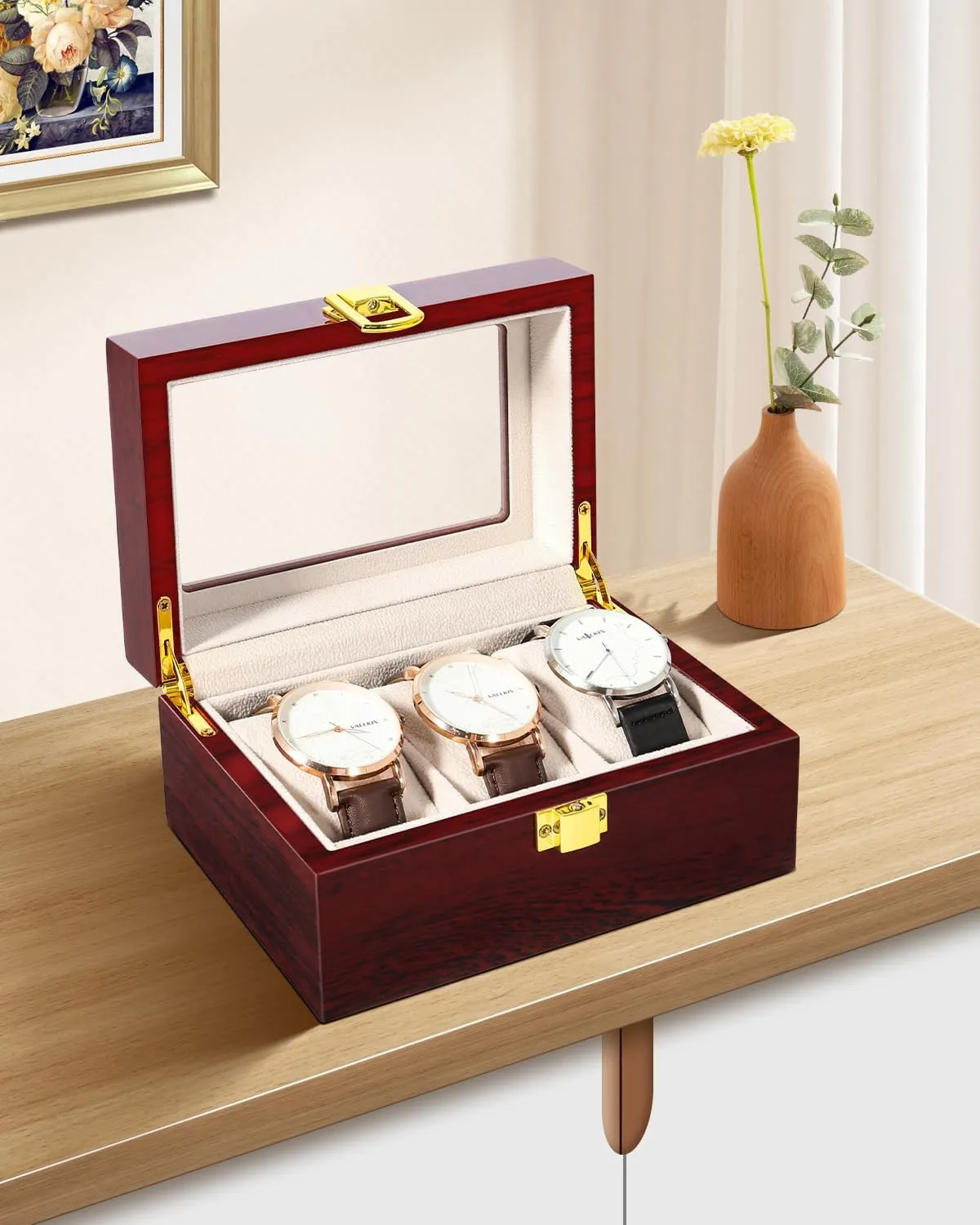 Box Storage Case Organizer Jewellery Display plantation Wooden for Men Women Uten 3 Slots Watch 