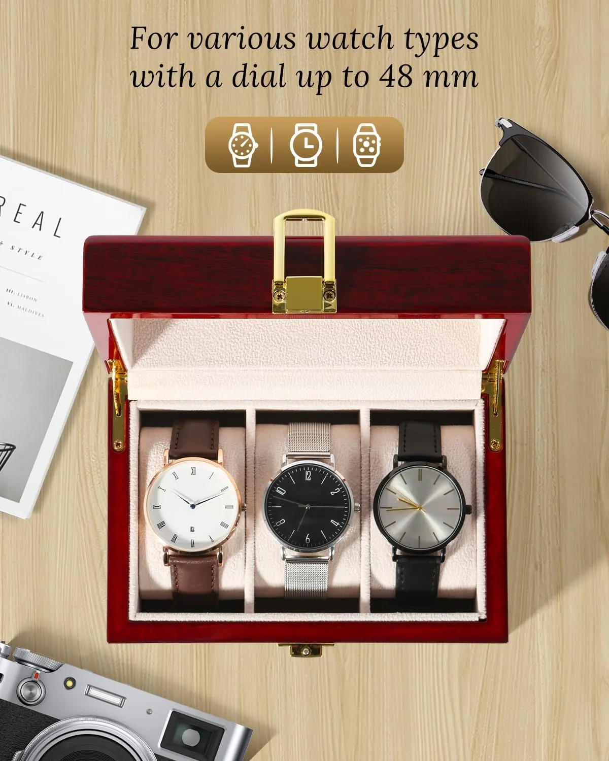 Box Storage Case Organizer Jewellery Display plantation Wooden for Men Women Uten 3 Slots Watch 