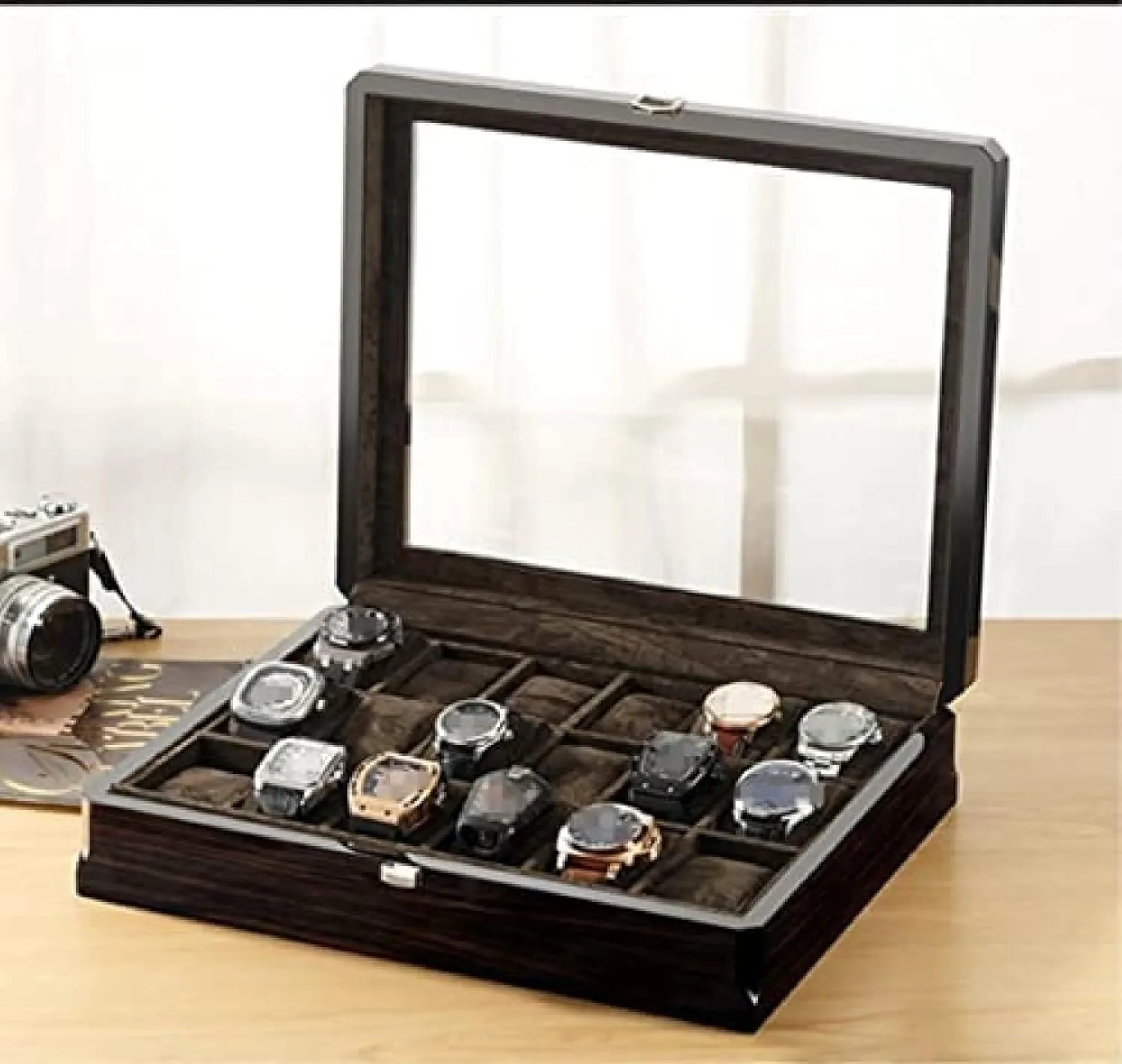 Box with Transparent Glass Top Cover - Lockable Jewelry Case for Watch Storage ephemeral learn entertain unfortunately hamlin 18-Piece Wooden Watch 