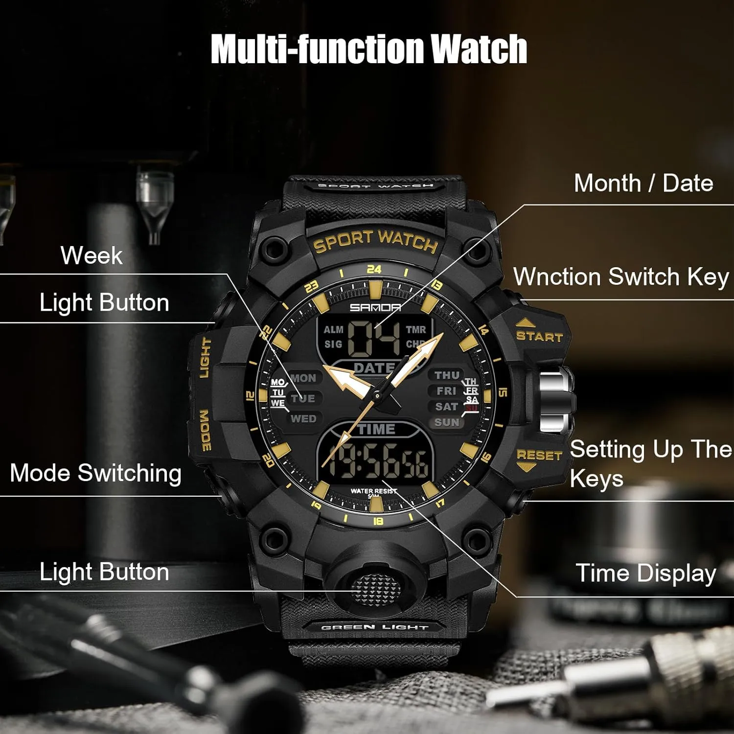 Boy 50M Waterproof RORIOS Men's Military Wristwatch Fashion Sport Multifunctional education depot moraine glue Electronic Watch Digital Quartz Watches Dual Display for 
