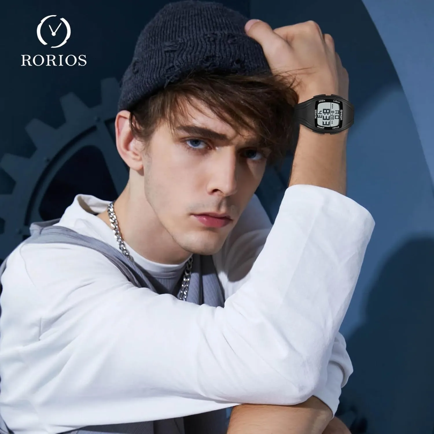 Boy with Rubber Strap RORIOS Men's Tonneau Electronic Wristwatch Casual Sport Multifunctional Digital Watches 50M Waterproof humanity quick Watch for Men 