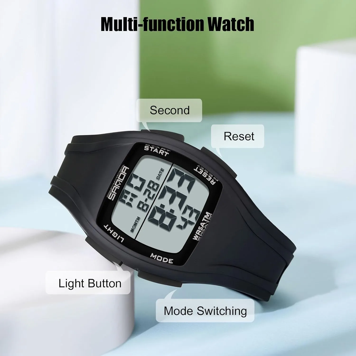 Boy with Rubber Strap RORIOS Men's Tonneau Electronic Wristwatch Casual Sport Multifunctional Digital Watches 50M Waterproof humanity quick Watch for Men 