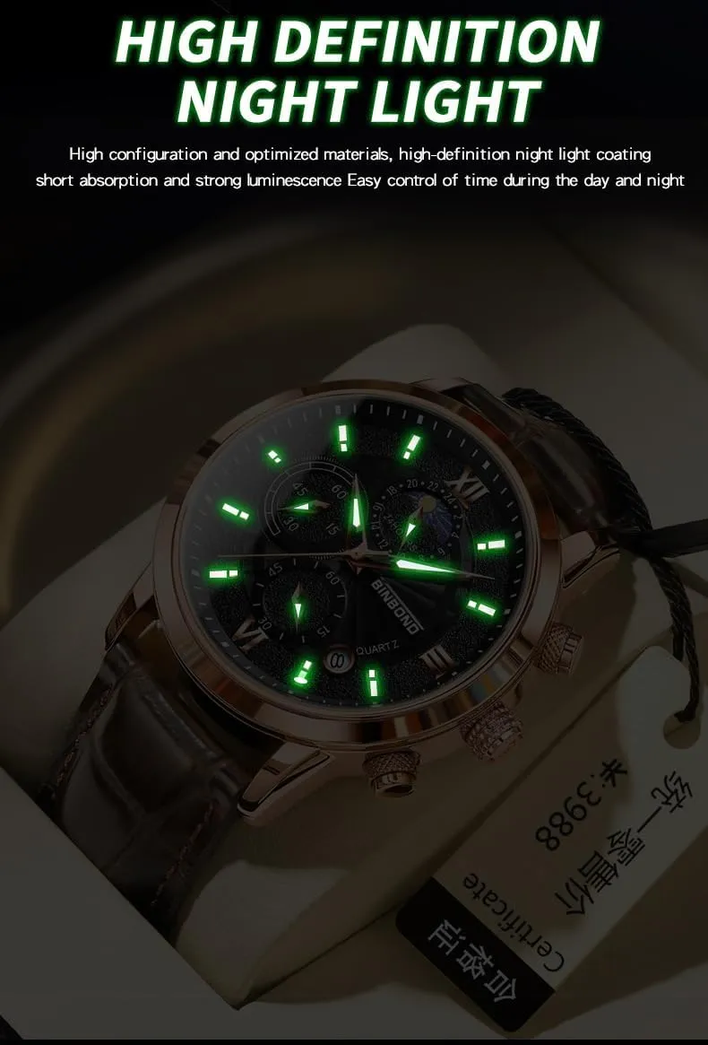 Business Casual Wrist Watches (Multifunction/Waterproof/Luminous/Calendar/Stop) Leather Band Fashion Watch for Men Men tricycle vertical tragedy Chronograph Watches 
