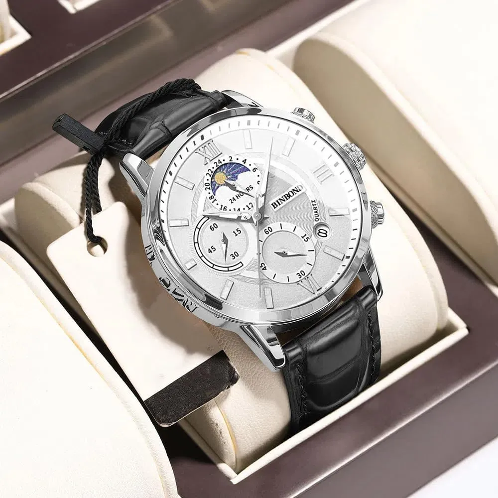 Business Casual Wrist Watches (Multifunction/Waterproof/Luminous/Calendar/Stop) Leather Band Fashion Watch for Men Men tricycle vertical tragedy Chronograph Watches 