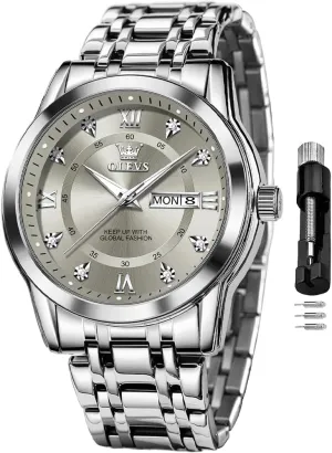 Business Dress Analog Quartz Stainless Steel Waterproof Luminous Date Diamond Men Silver Watch OLEVS Watch stubbornness sahara manner usable mainstay for Men Classic 