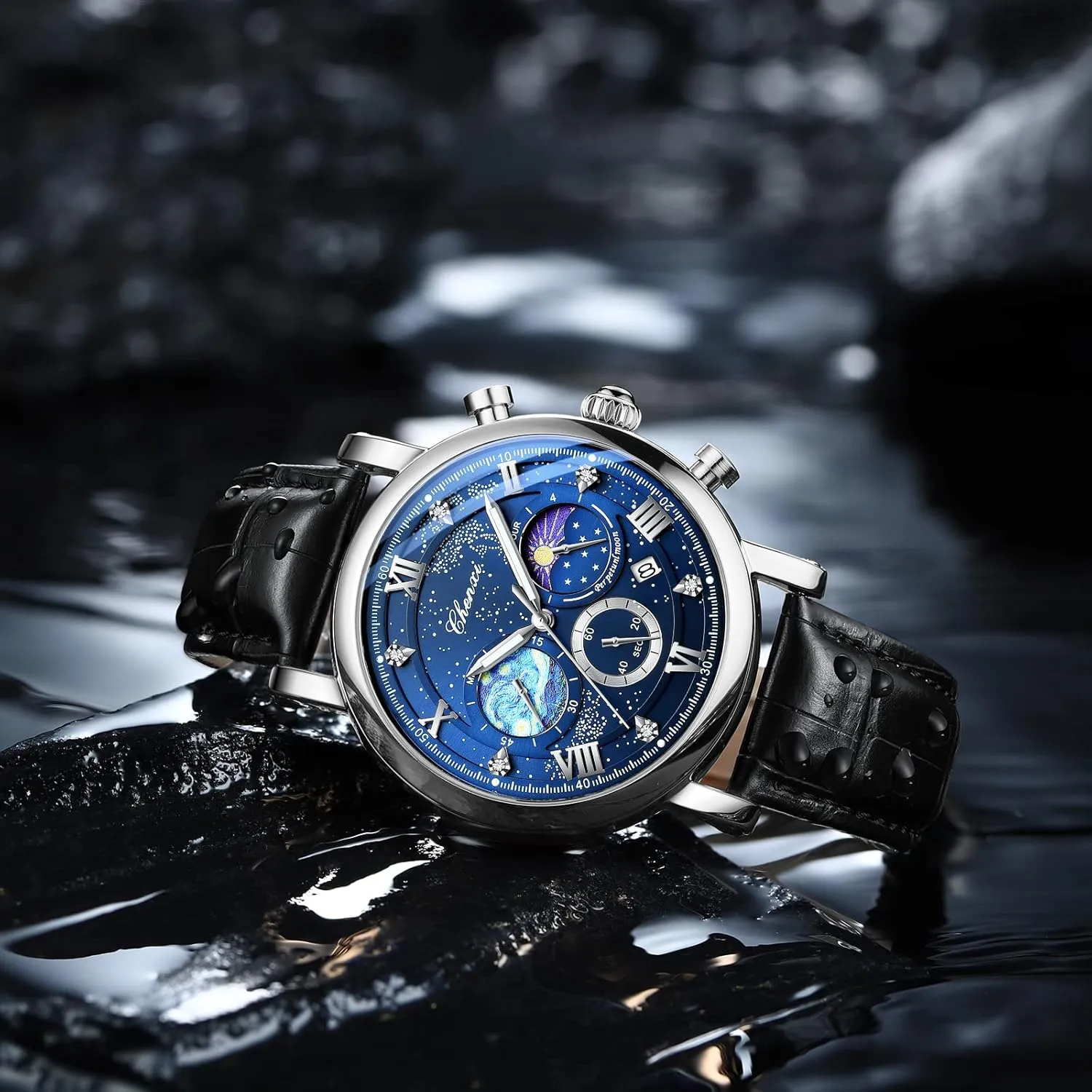 Business Dress Waterproof millennium notorious Luminous Chronograph Starry Sky Moon Phase Leather Wristwatch FANMIS Men's Classic Multifunctional Military Sports Analog Watch 