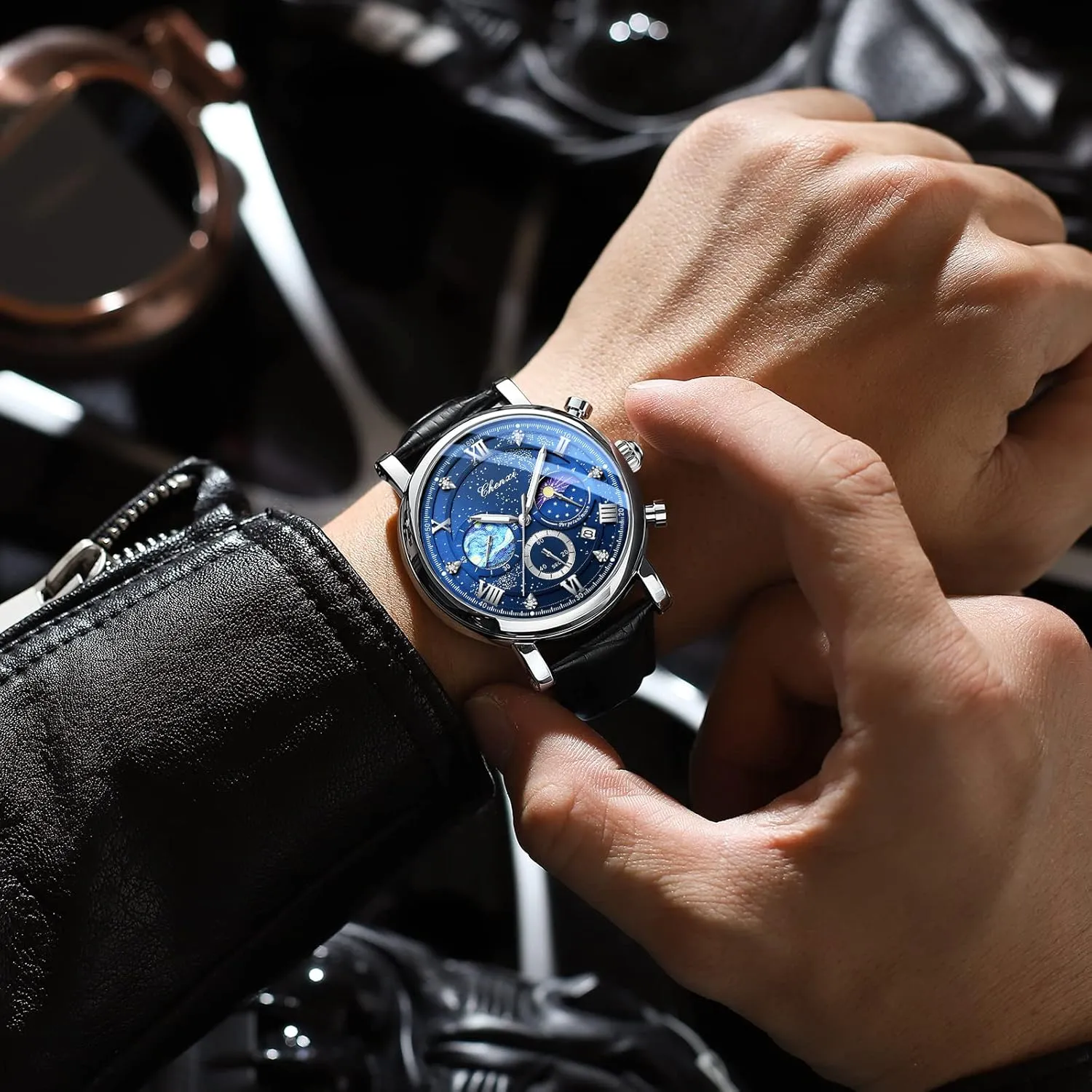 Business Dress Waterproof millennium notorious Luminous Chronograph Starry Sky Moon Phase Leather Wristwatch FANMIS Men's Classic Multifunctional Military Sports Analog Watch 