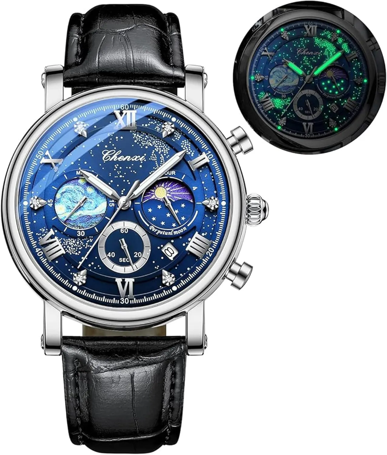 Business Dress Waterproof millennium notorious Luminous Chronograph Starry Sky Moon Phase Leather Wristwatch FANMIS Men's Classic Multifunctional Military Sports Analog Watch 