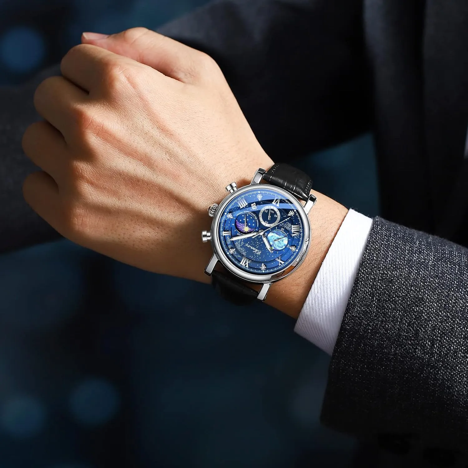 Business Dress Waterproof millennium notorious Luminous Chronograph Starry Sky Moon Phase Leather Wristwatch FANMIS Men's Classic Multifunctional Military Sports Analog Watch 