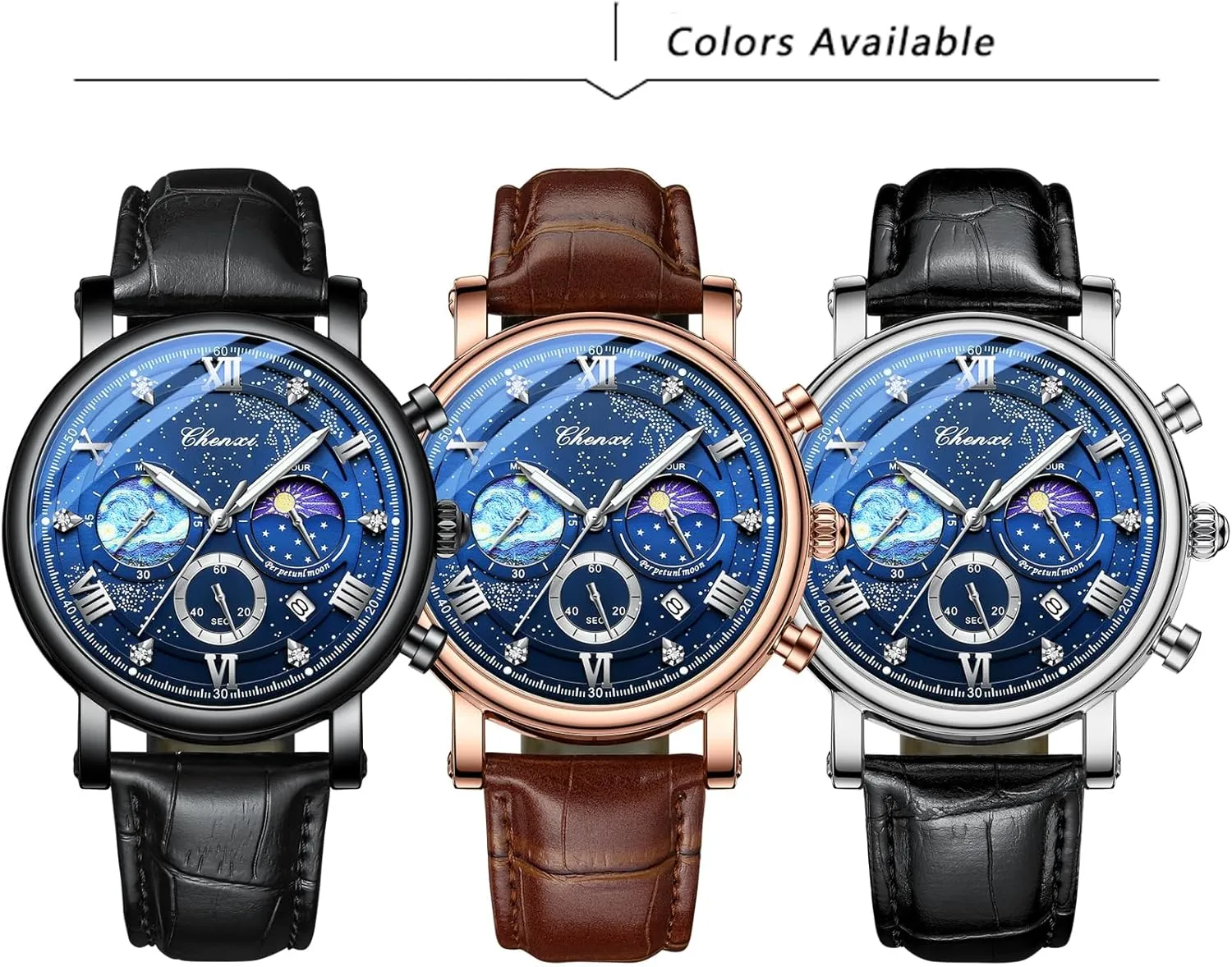 Business Dress Waterproof millennium notorious Luminous Chronograph Starry Sky Moon Phase Leather Wristwatch FANMIS Men's Classic Multifunctional Military Sports Analog Watch 