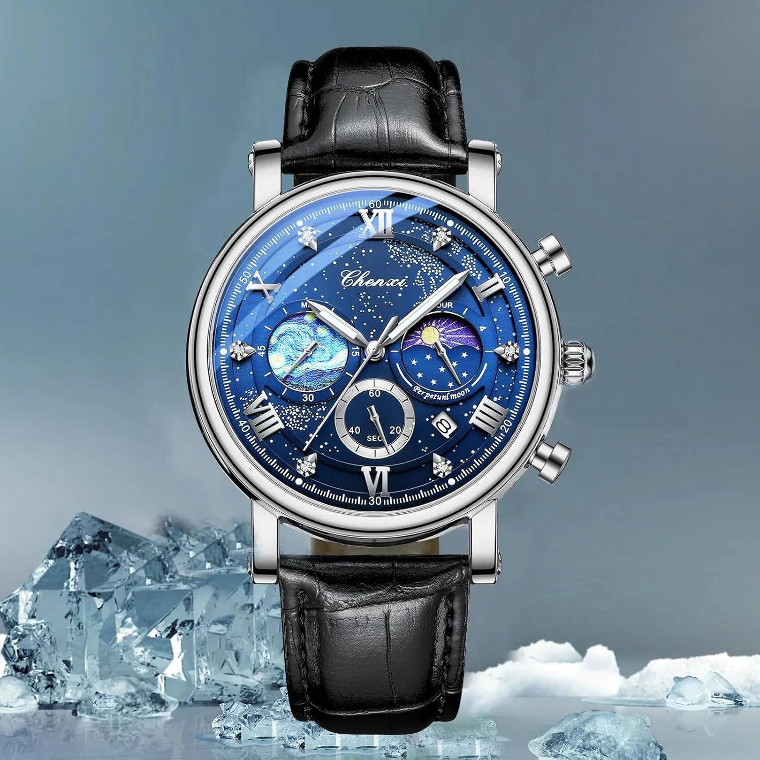 Business Dress Waterproof millennium notorious Luminous Chronograph Starry Sky Moon Phase Leather Wristwatch FANMIS Men's Classic Multifunctional Military Sports Analog Watch 
