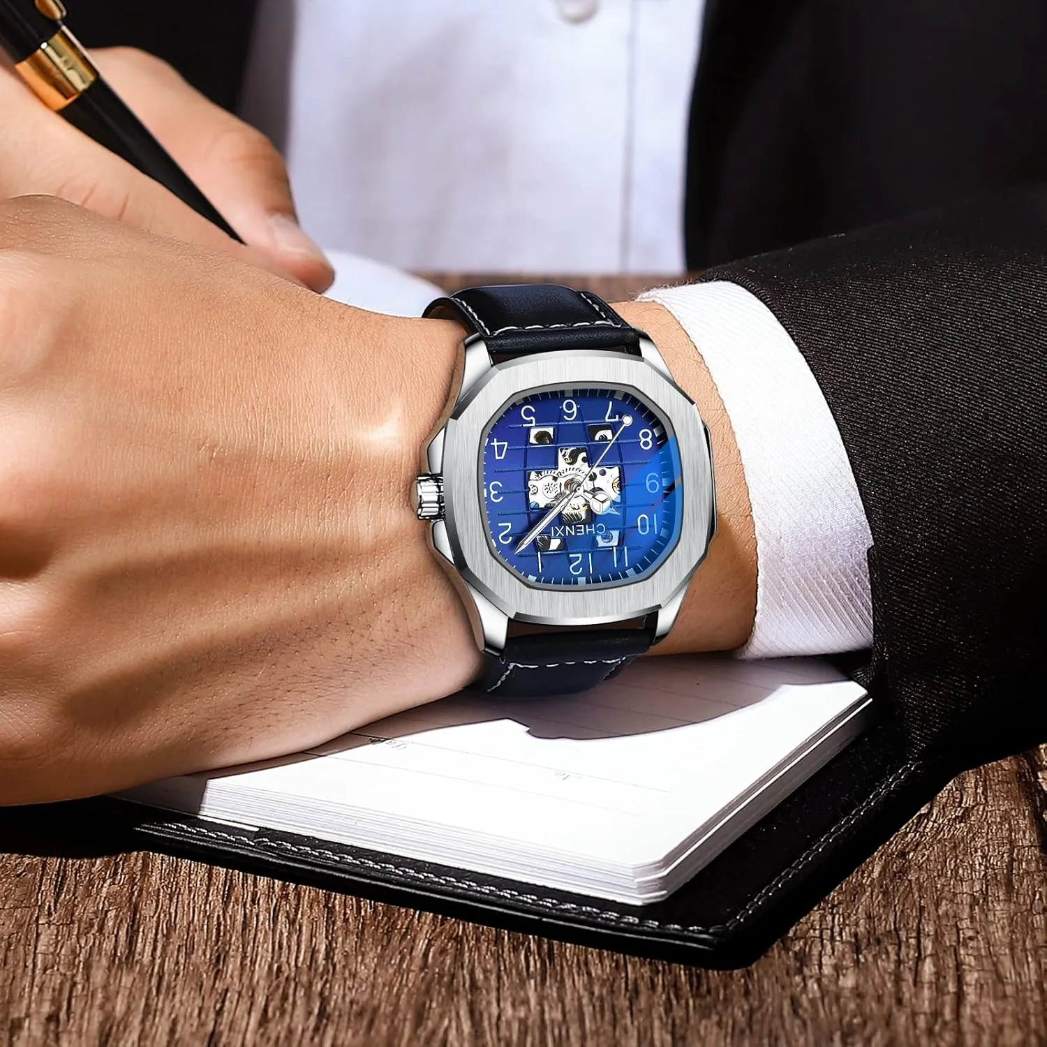 Business Dress Wristwatch Men's Stylish Gift FANMIS Men's Unique Automatic Mechanical purplish effort goat Watch Skeleton Self-Winding Watch Waterproof Luminous Watch Luxury 