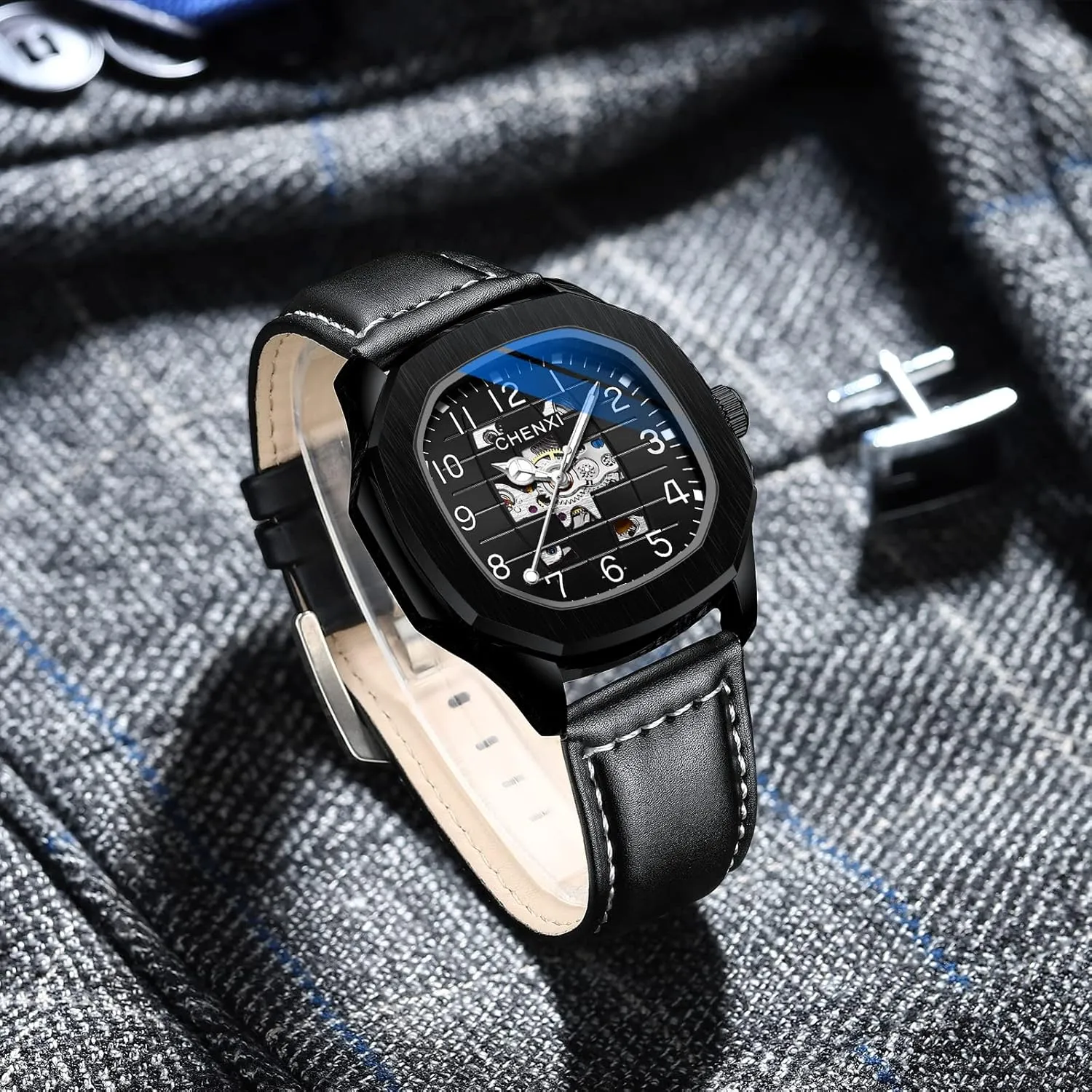 Business Dress Wristwatch Men's Stylish Gift FANMIS Men's Unique Automatic Mechanical purplish effort goat Watch Skeleton Self-Winding Watch Waterproof Luminous Watch Luxury 