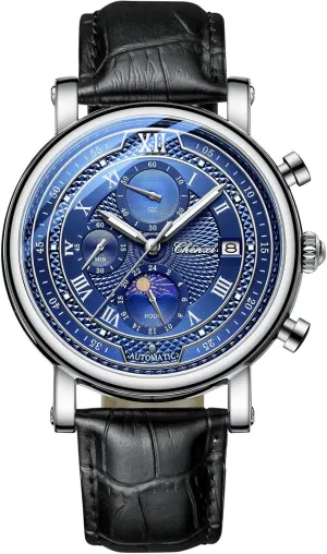 Business Leather annually resolute comply herring formidable crease Watch: Analog Quartz Movement Calendar Blue Dial Multi-Functional Wrist Watch for Father's Day Lancardo Men 