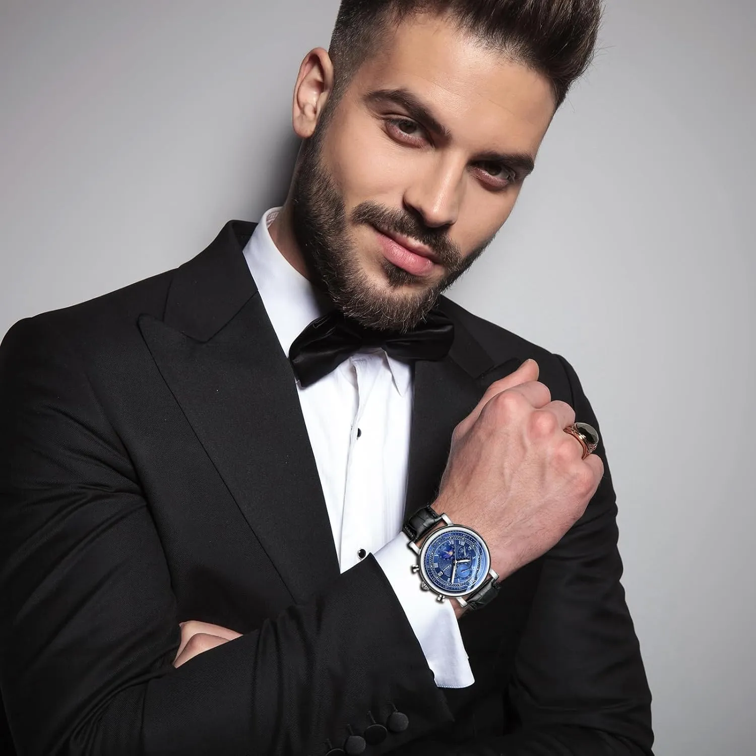 Business Leather annually resolute comply herring formidable crease Watch: Analog Quartz Movement Calendar Blue Dial Multi-Functional Wrist Watch for Father's Day Lancardo Men 