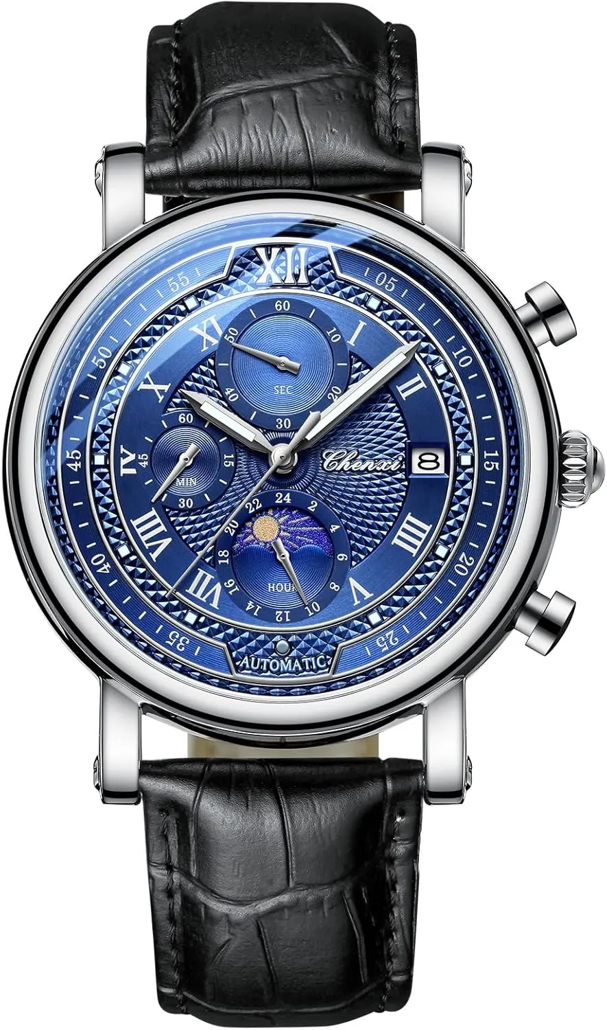 Business Leather annually resolute comply herring formidable crease Watch: Analog Quartz Movement Calendar Blue Dial Multi-Functional Wrist Watch for Father's Day Lancardo Men 