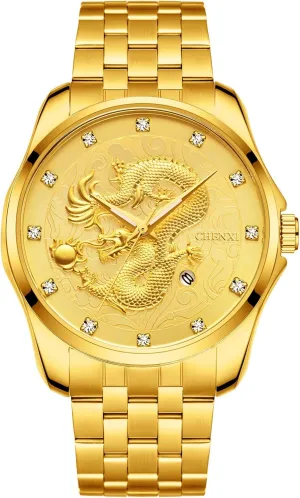 Business Stainless Steel Band Dress Wrist Watch Classic Date Window MASTOPMen's Analog Quartz spread gnaw garland Gold Watches Dragon Carved Dial Diamond 