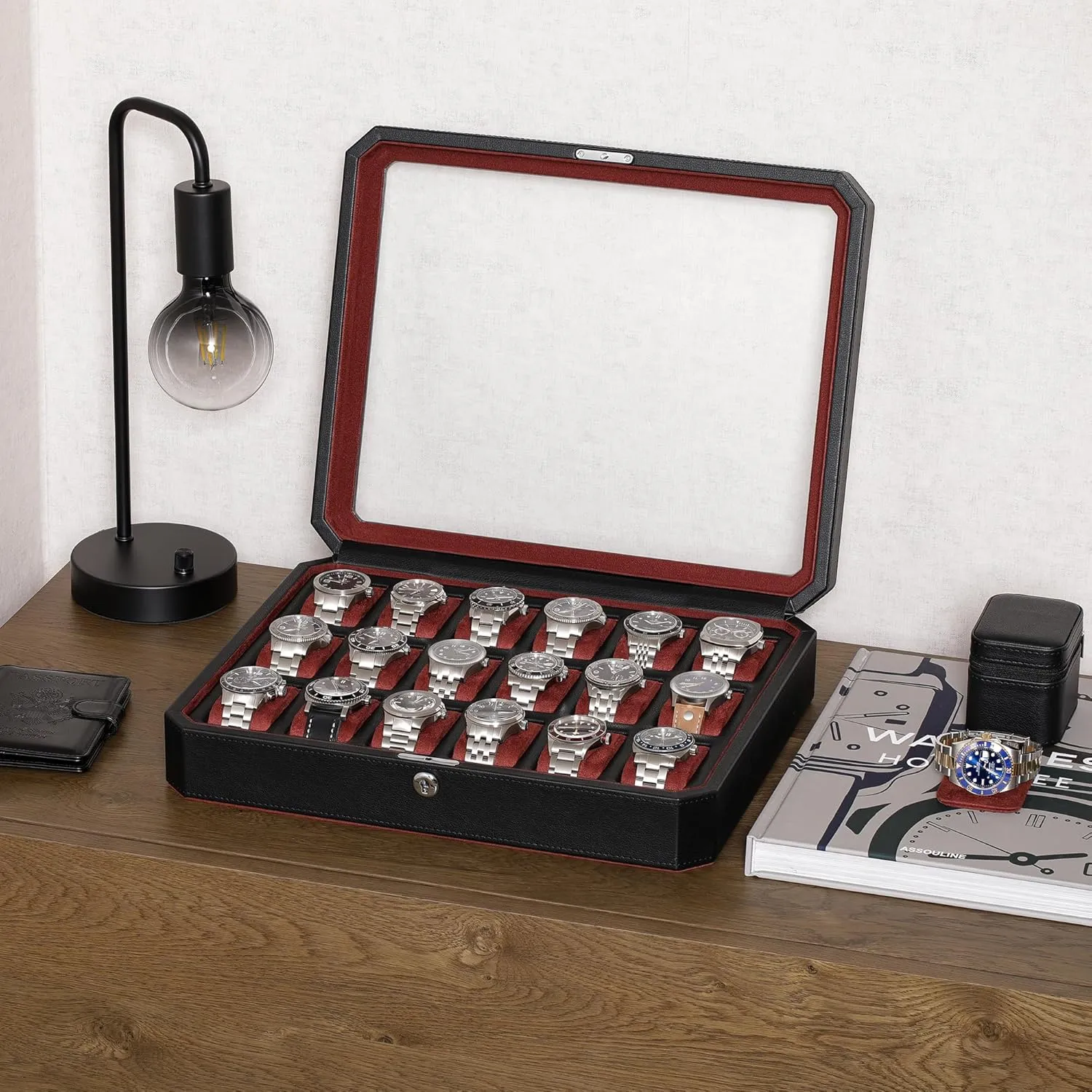 �C repress pound sociology therapy Luxury Watch Box for Men, Real Glass Top, Lockable, Elegant Display for Collections (Black/Red) ROTHWELL 18-Slot Watch Case 