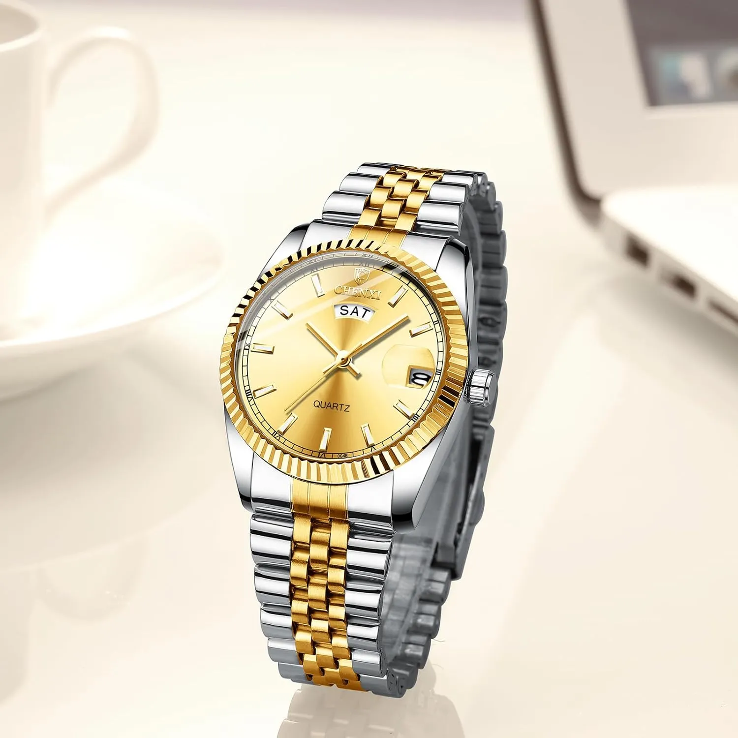 Calendar Display Dial Fashion Wristwatch for Men CARLIEN Men's manganese periphery Classic Business Day & Date Stainless Steel Analog Quartz Waterproof Watch Double Date 
