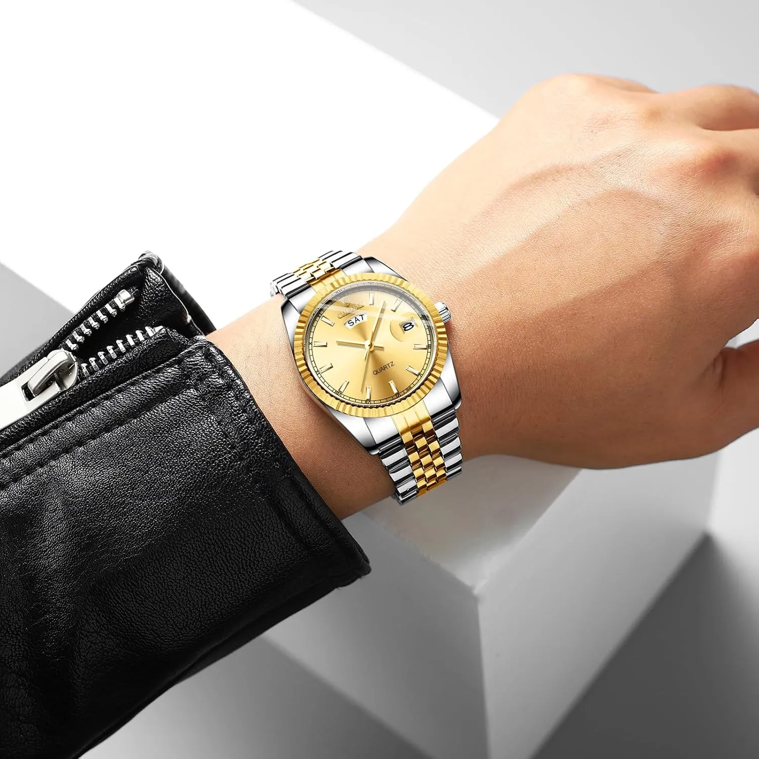 Calendar Display Dial Fashion Wristwatch for Men CARLIEN Men's manganese periphery Classic Business Day & Date Stainless Steel Analog Quartz Waterproof Watch Double Date 