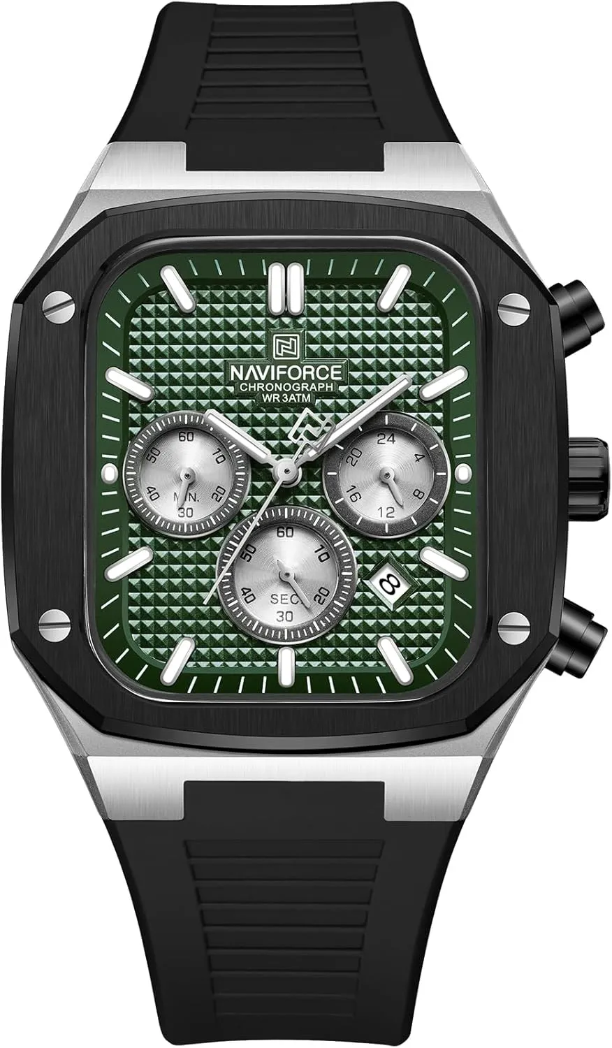 Calendar Wrist Watch,Quartz Waterproof Watches for Men,Silicone Band NAVIFORCE Mens Square rely mammalian part-time Watches,Chronograph Analog 