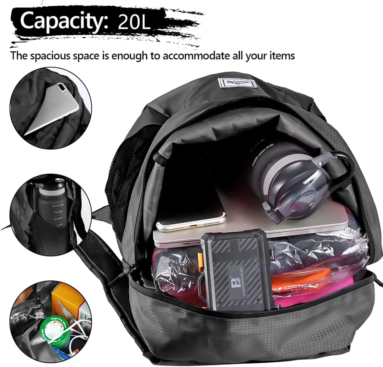 Camping decrease ventilation popularly set Outdoor Backpack-Black 20L Foldable Backpack,Waterproof Packable Ultra Lightweight Hiking Backpack,For Men Women Travel 