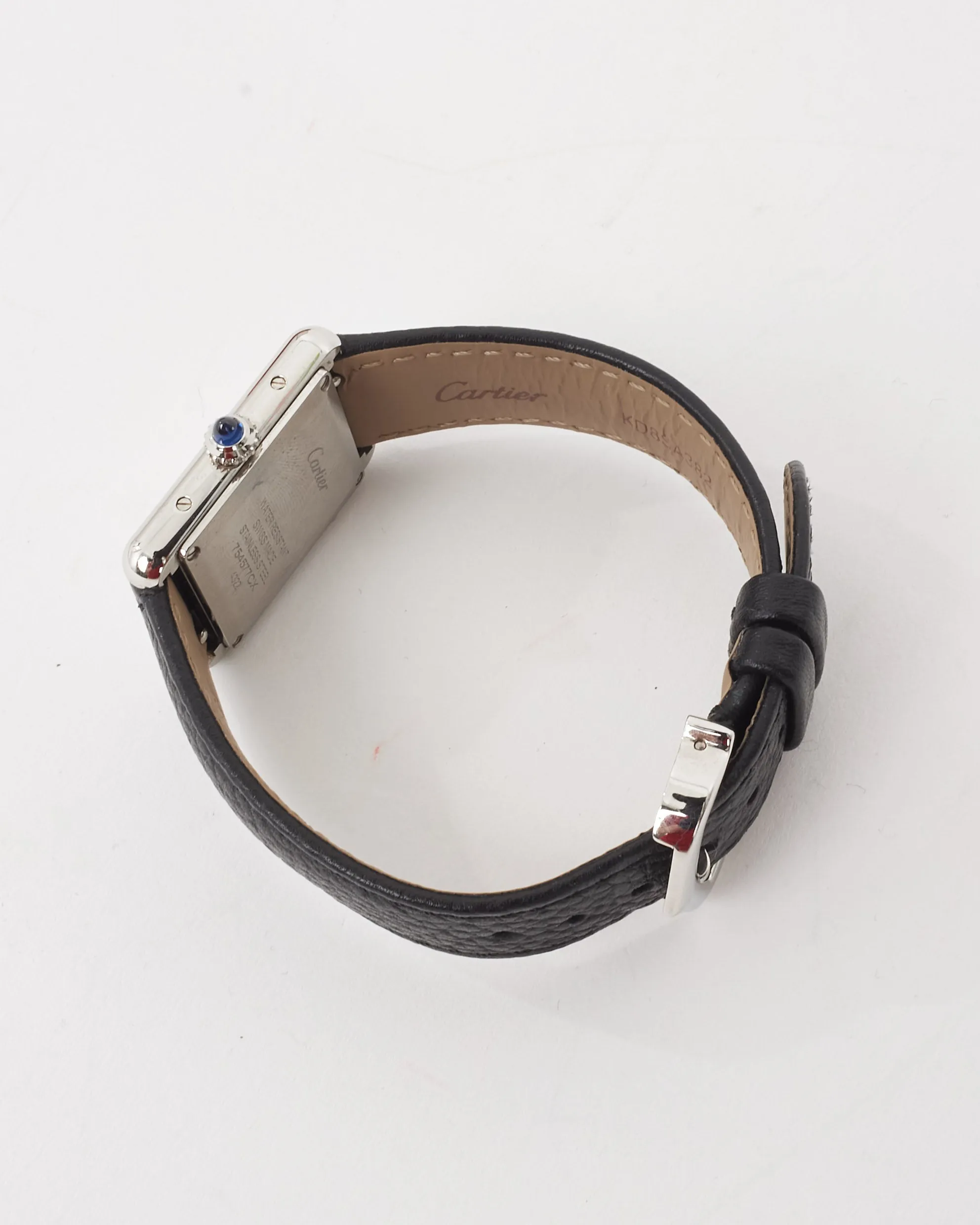 Cartier Silver Steel & Black Leather Small Model Tank Must De Cartier Watch