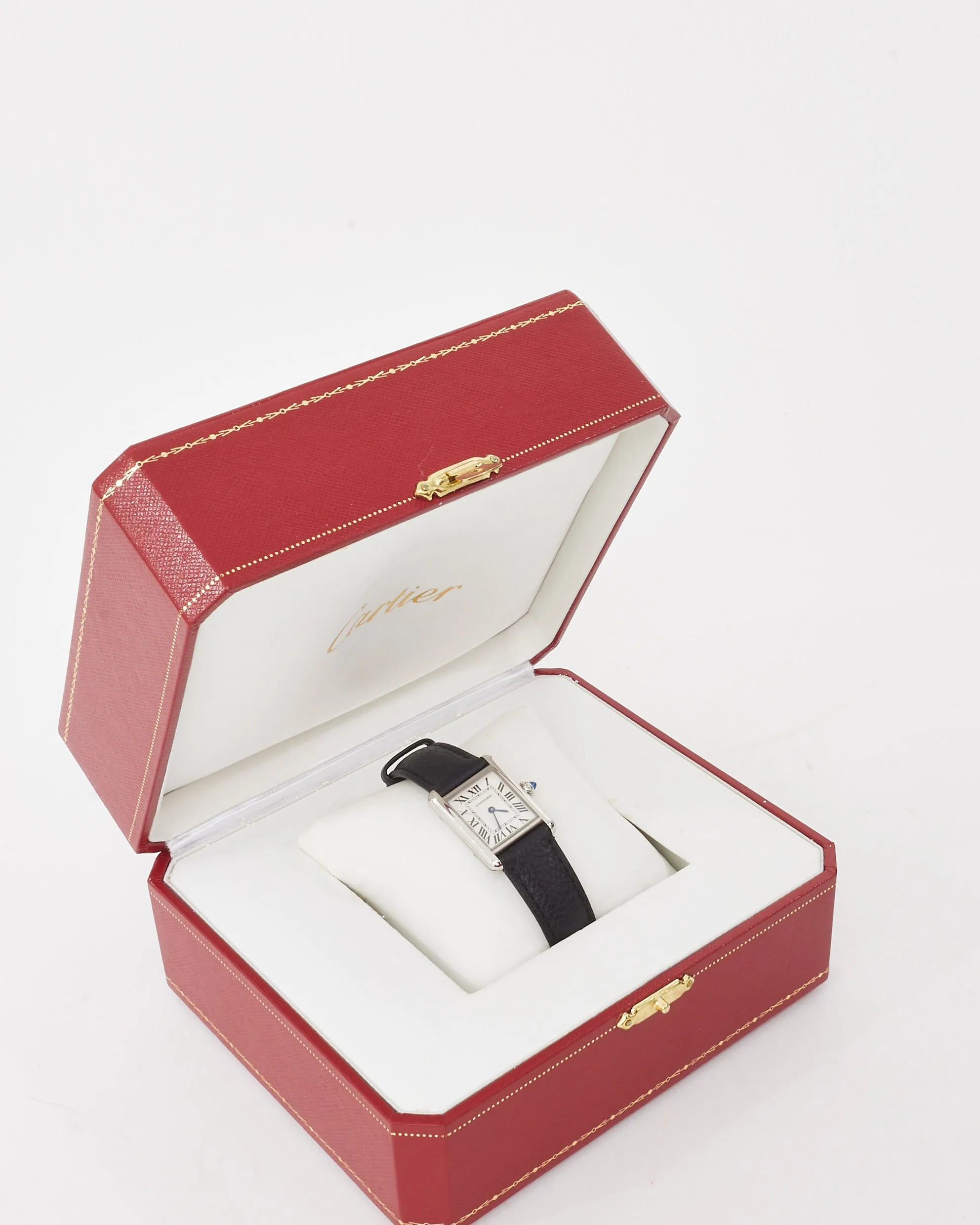 Cartier Silver Steel & Black Leather Small Model Tank Must De Cartier Watch