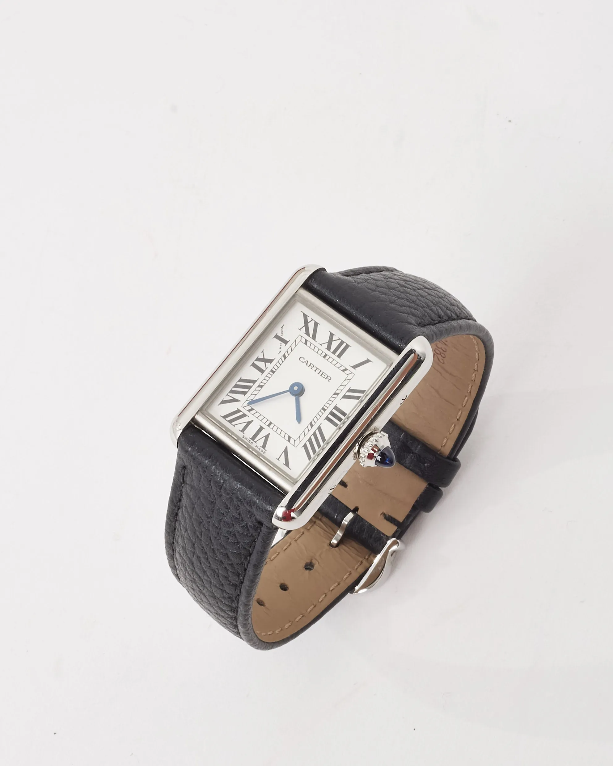 Cartier Silver Steel & Black Leather Small Model Tank Must De Cartier Watch
