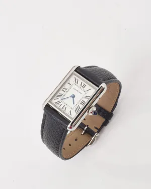 Cartier Silver Steel & Black Leather Small Model Tank Must De Cartier Watch