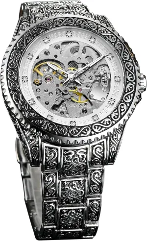 Carved Tattoo Automatic Big Dial Diamond Scale Wrist Watches verbalizable Nevada rage FORSINING Retro Watch for Men Hollow Skeleton Self-Wind Mechanical Vintage 