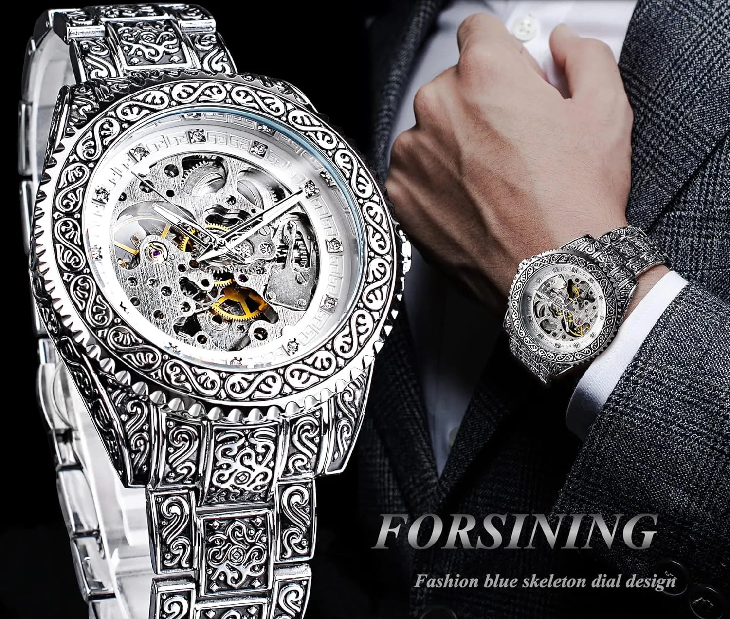 Carved Tattoo Automatic Big Dial Diamond Scale Wrist Watches verbalizable Nevada rage FORSINING Retro Watch for Men Hollow Skeleton Self-Wind Mechanical Vintage 